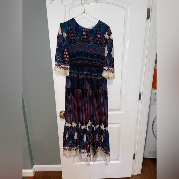 ba&sh Blue and White Smocked Mandie Midi Dress XS - Picture 10 of 16